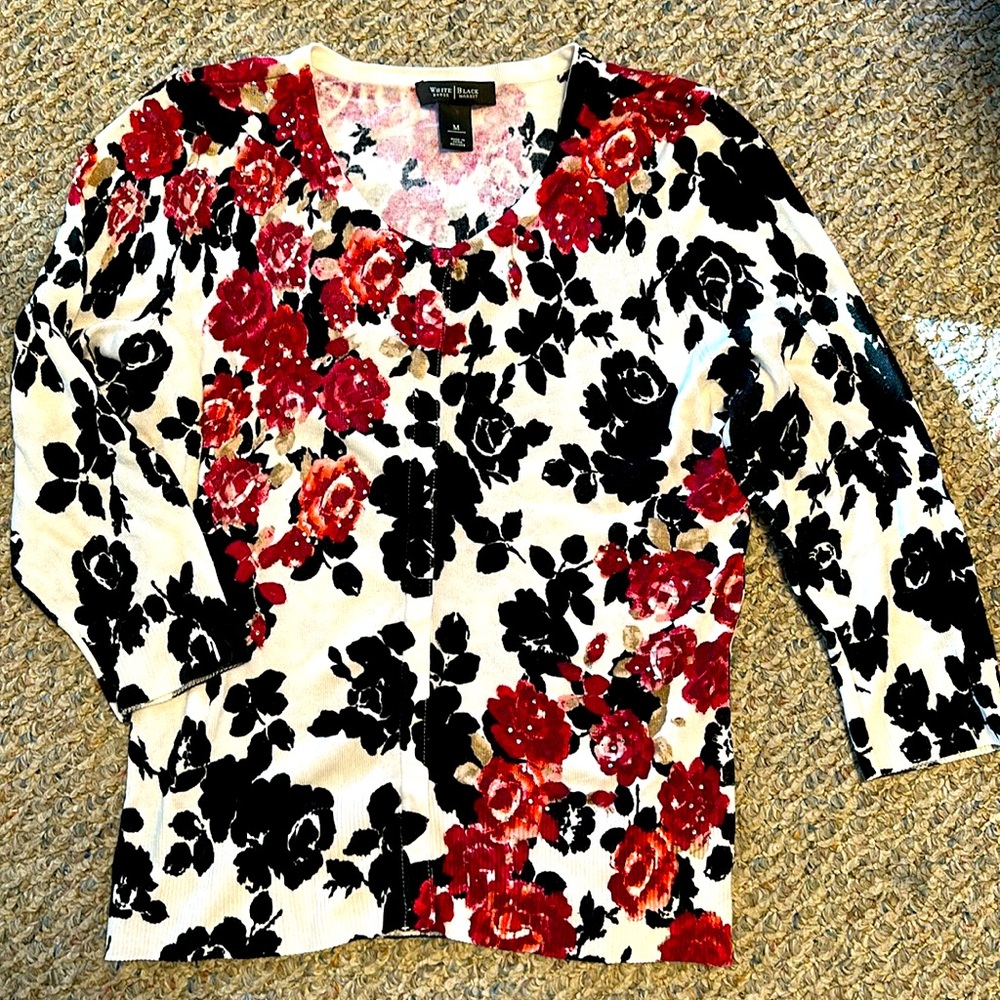 WHBM WHITE HOUSE BLACK MARKET SWEATER CARDIGAN ROSES & RHINESTONES BLING MEDIUM